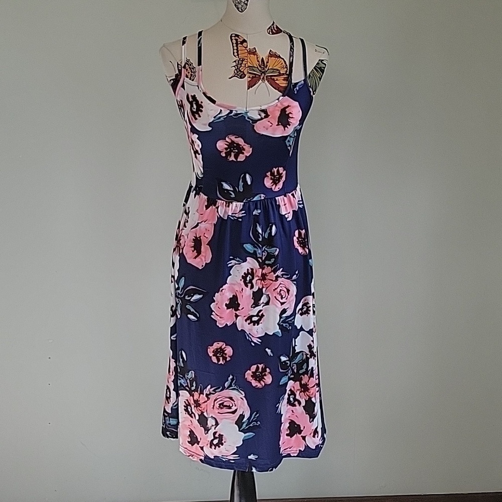 SILKY floral blue and pink slip dress in size Medium.